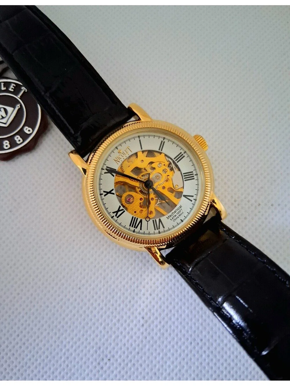 NEW in Box RARE Nicolet 1886 NT322122 Skeleton Mechanical Men's Leather Watch
